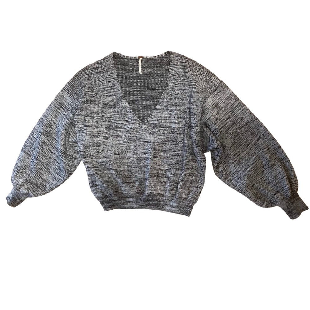 Free People Sweater Small‎ Marled Sparkle V Neck Balloon Sleeve Cropped EUC